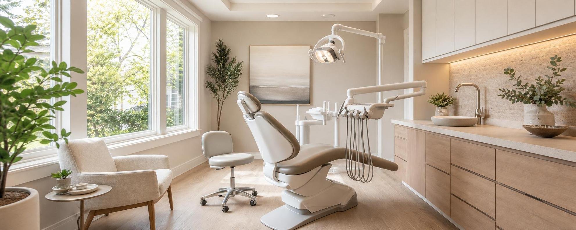 A bright, modern dental exam room with a reclining chair and overhead light, featuring warm neutral finishes and large windows.